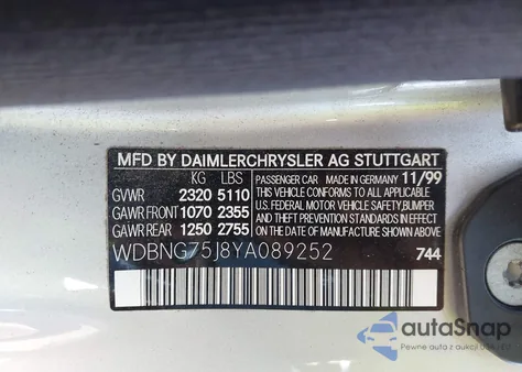 2000 Mercedes-Benz S 500 z USA, uszkodzony, nr VIN WDBNG75J8YA089252